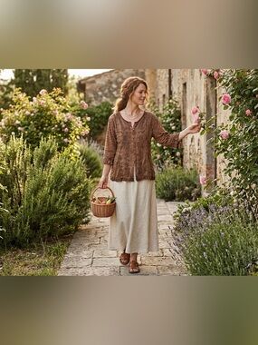 Scully Scully Boho Embroidered Button-Down Top Brown Rayon Size XL